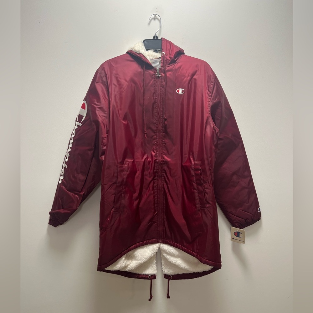 NEW CHAMPION MENS BURGUNDY SHERPA LINED STADIUM JACKET SIZE: M